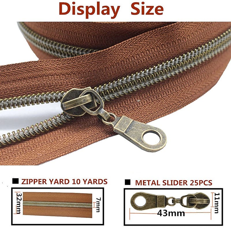 MebuZip #5 Antique Brass Metallic Nylon Coil Zippers by The Yard Bulk Coil Zipper Roll 10 Yards with 25pcs Pulls for DIY Sewing Craft Bags (Brown) - Image 3